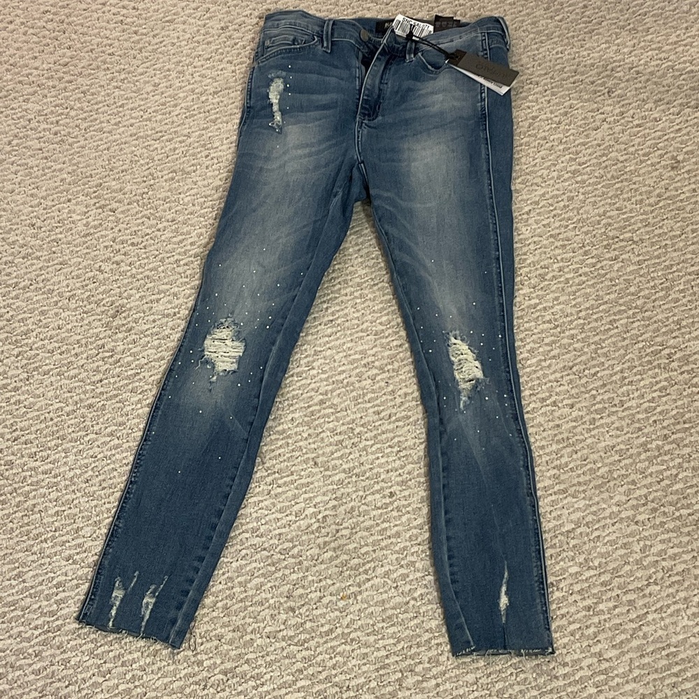 Womens Ripped Dark Wash Slim Jeans with Bedazzled Embellishments